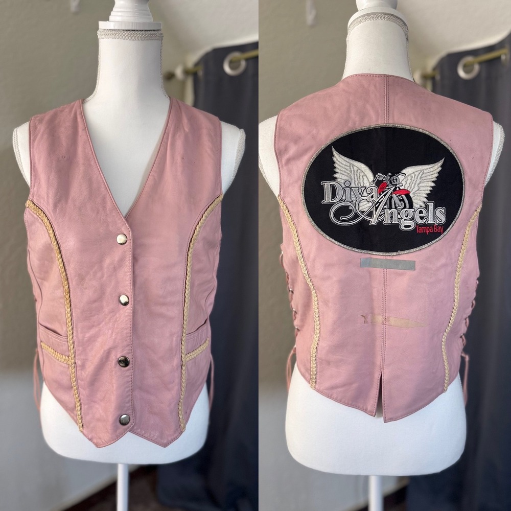Dream Apparel Pink Leather Biker Vest Diva Angels Tampa Bay‎ Patch Womens L
